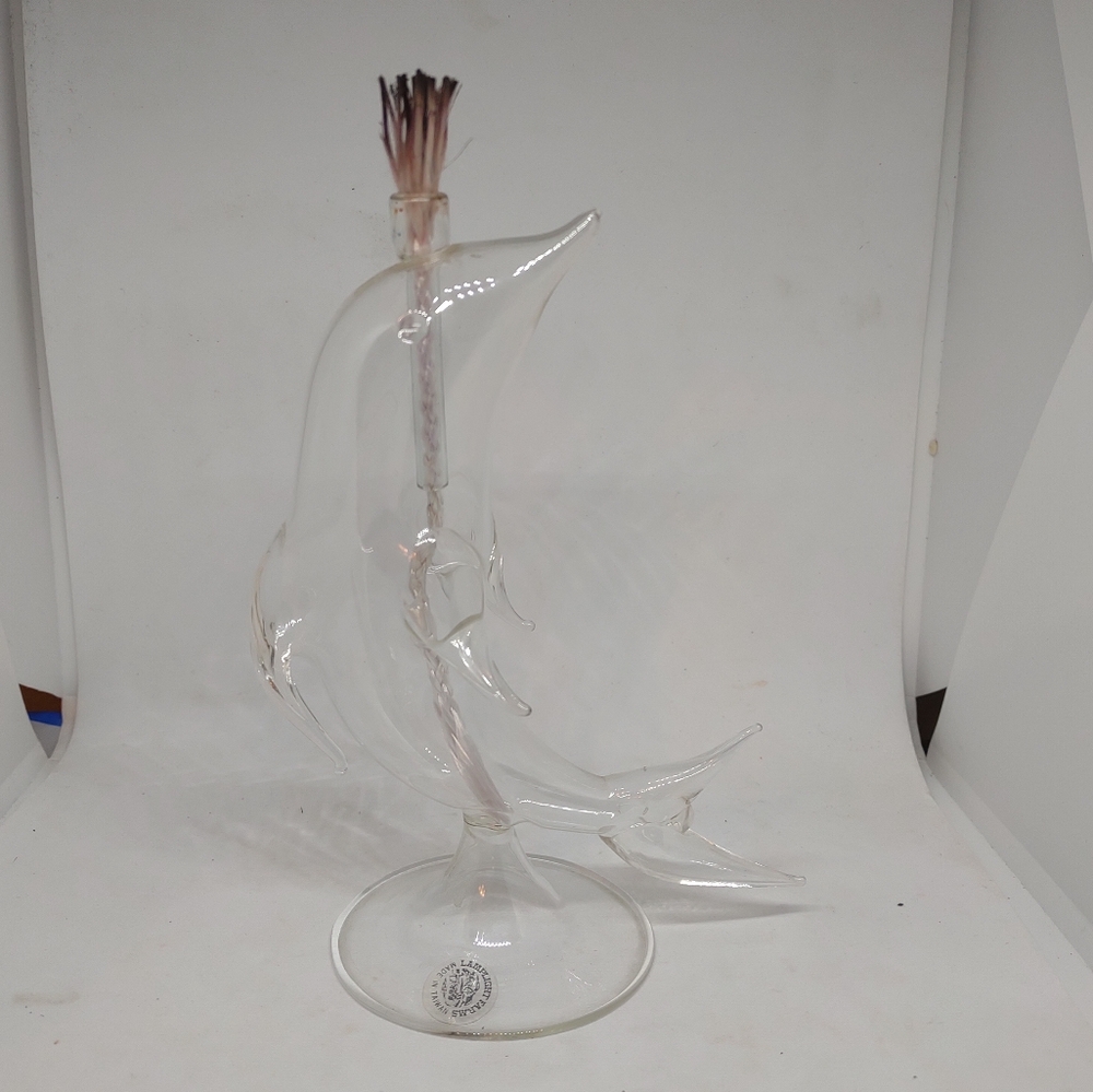 Vintage Lamplight Farms Dolphin Hand Clear Blown Glass Oil Lamp with Wick 6”